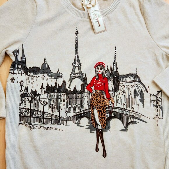 COLORTREE Paris M-L Red Barret Eiffel Tower Studs Decor Beige Sweater Top Tunic - Picture 7 of 16